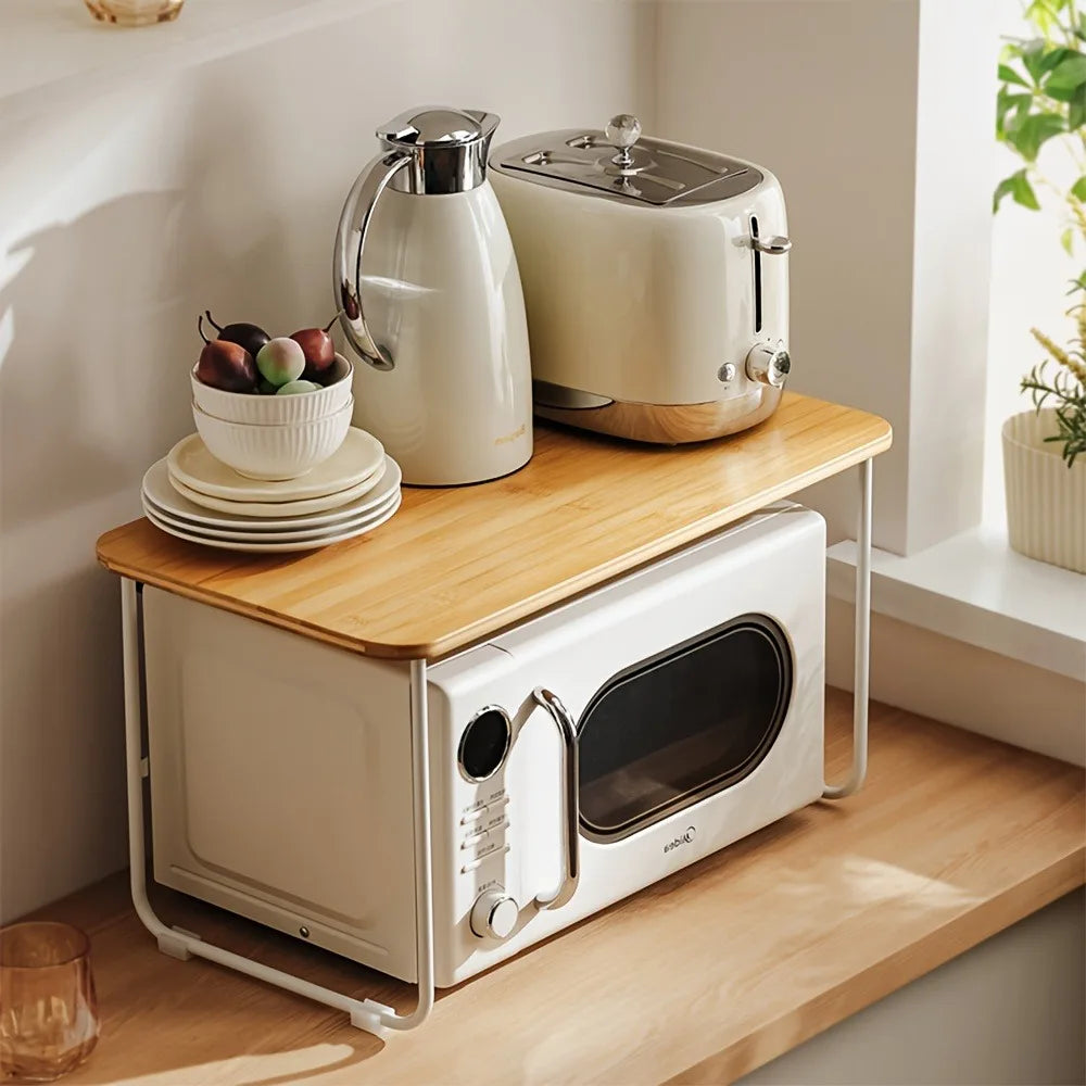 Bamboo Microwave Storage Rack Adjustable Kitchen Table Oven Cooker Organizer Shelf 1 Layer Household Desk Spice Condiment Holder