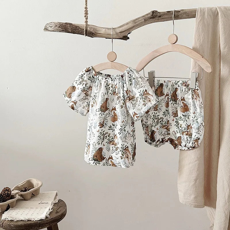 Summer Bamboo Cotton Breathable Kids Girls 2pcs Suit Full Print Cartoon Print T-shirt and Shorts Cool Girls Sets Clothing