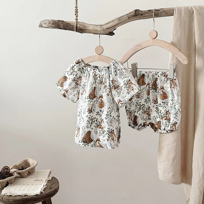 Summer Bamboo Cotton Breathable Kids Girls 2pcs Suit Full Print Cartoon Print T-shirt and Shorts Cool Girls Sets Clothing