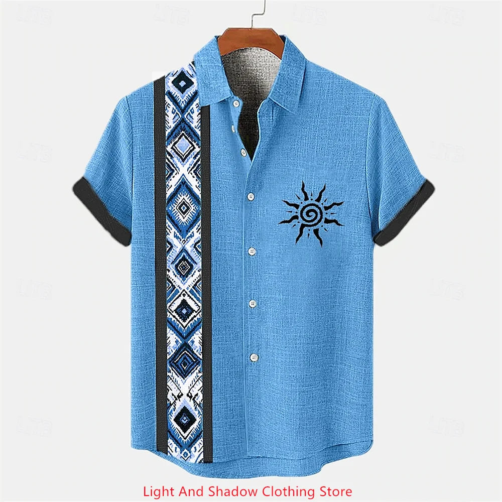 Men's ethnic clothing printed short sleeved shirt fashionable Hawaiian vacation party shirt bamboo hemp men's fashionable shirt