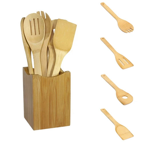 6 Pieces Bamboo Spoon Spatula Kitchen Utensil Wooden Cooking Tool Mixing Set