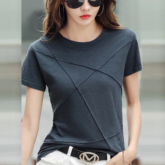Fashion Spring Summer Slim Bamboo Cotton T-Shirts Women O-Neck Short Sleeve Korean Ribbed T Shirt Female Casual Solid Tops