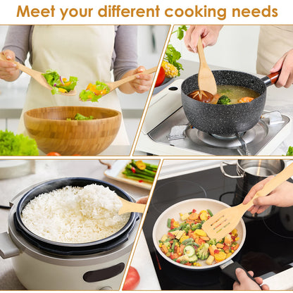 Bamboo Cooking Utensil Set Include Triple Toothed/Round/Slotted Spoon and Slotted/Square/Slanted Spatula with Organizer Bucket