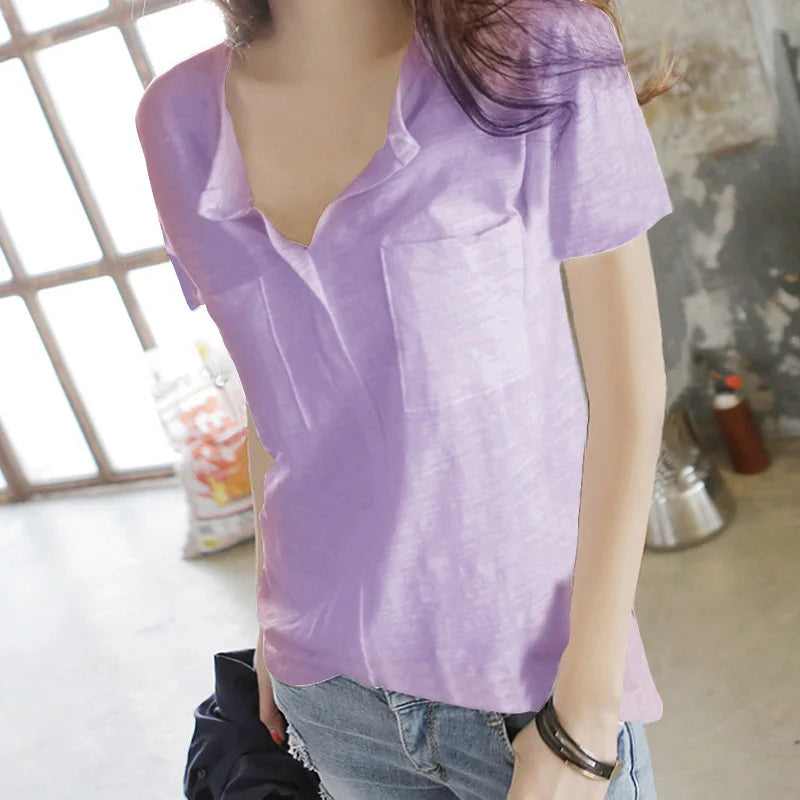 Bamboo Cotton Short Sleeve T Shirt Women Summer V Neck Half Open Neck Solid Color Versatile Top