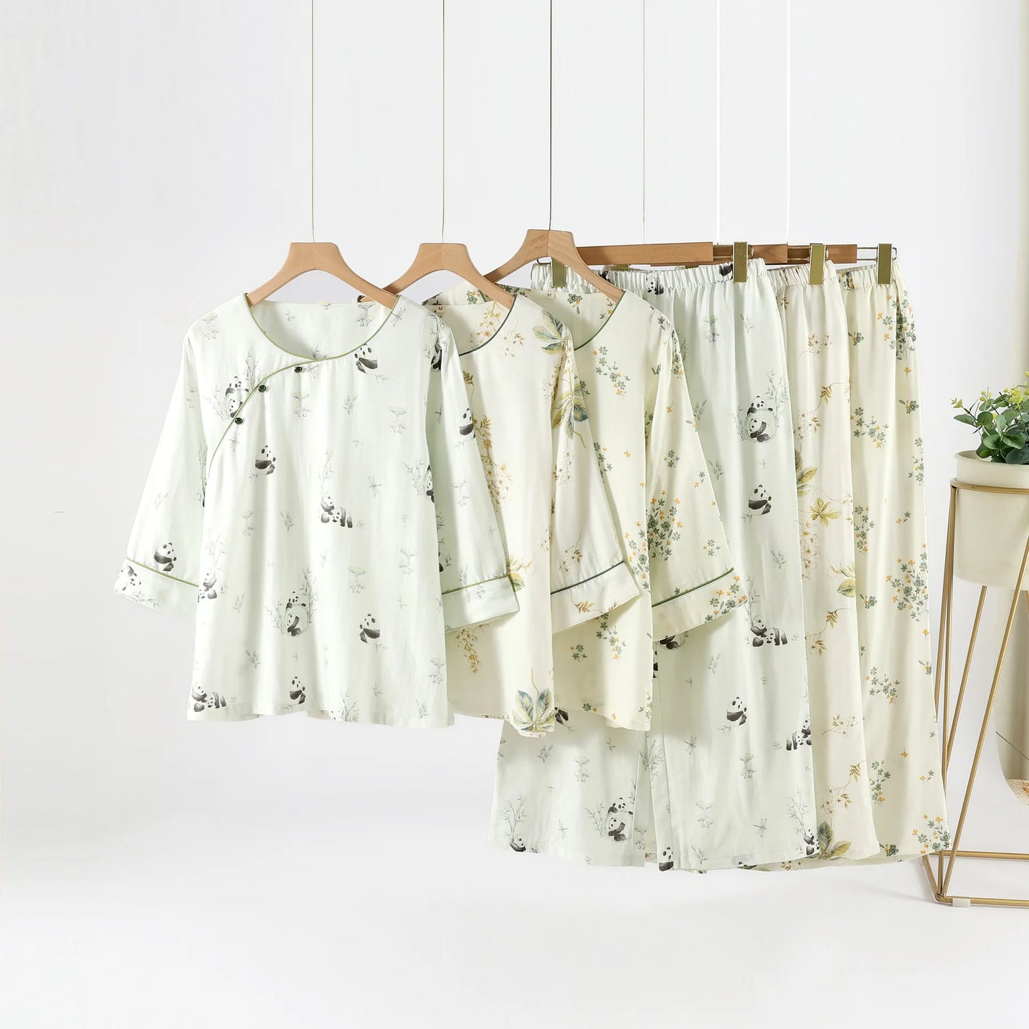 2025 Bamboo Cotton Gauze Pajamas Women's Chinese Retro Style Round Neck Loungewear Thin Nine-quarter Sleeve Loose Home Clothes