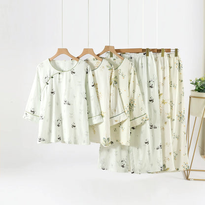2025 Bamboo Cotton Gauze Pajamas Women's Chinese Retro Style Round Neck Loungewear Thin Nine-quarter Sleeve Loose Home Clothes