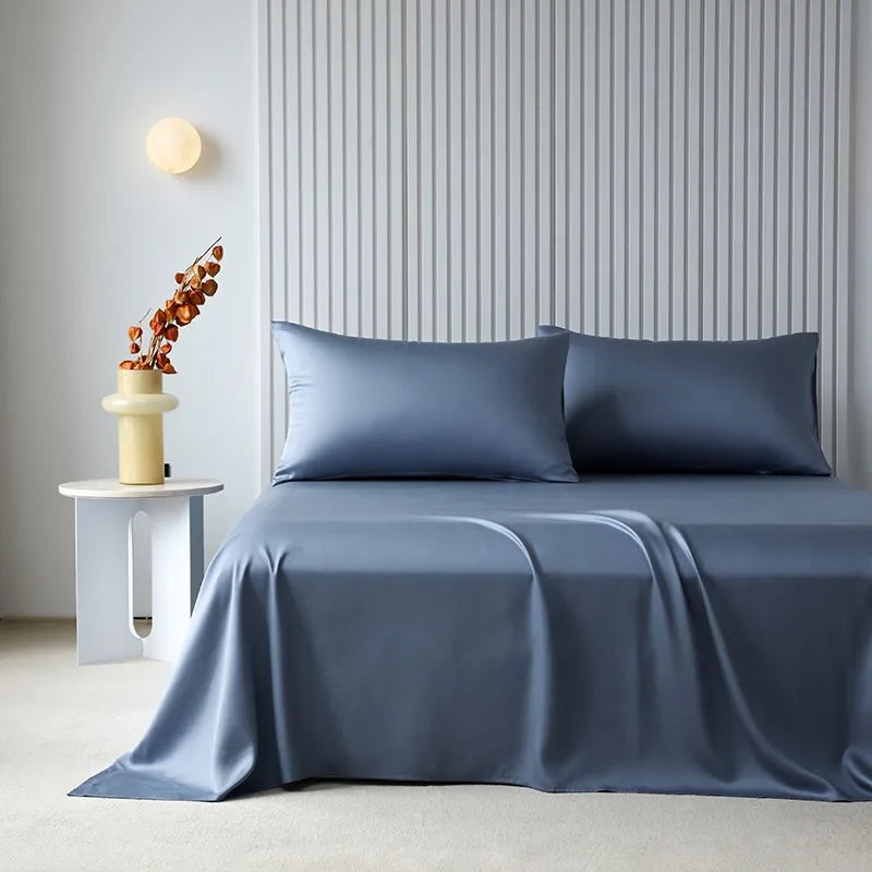 100%Organic Eucalyptus Plain Blue Flat Bed Sheets Lyocell Silky Soft Smooth Breathable Gentle to Skin Pillow shams