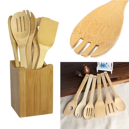 6 Pieces Bamboo Spoon Spatula Kitchen Utensil Wooden Cooking Tool Mixing Set