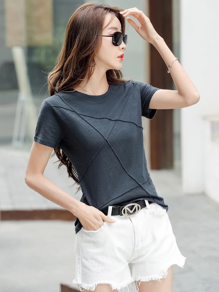 Fashion Spring Summer Slim Bamboo Cotton T-Shirts Women O-Neck Short Sleeve Korean Ribbed T Shirt Female Casual Solid Tops