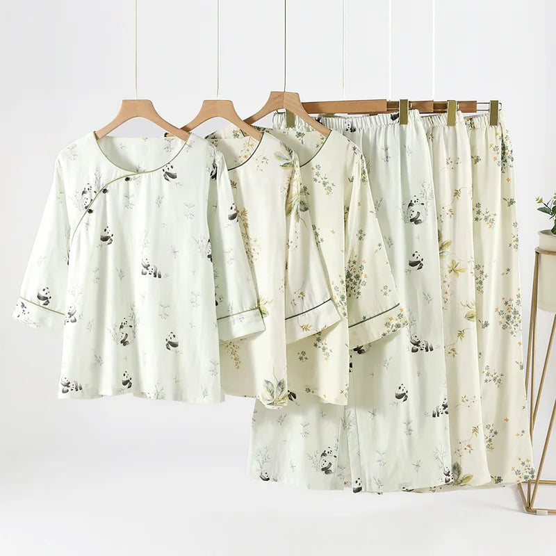 2025 Bamboo Cotton Gauze Pajamas Women's Chinese Retro Style Round Neck Loungewear Thin Nine-quarter Sleeve Loose Home Clothes