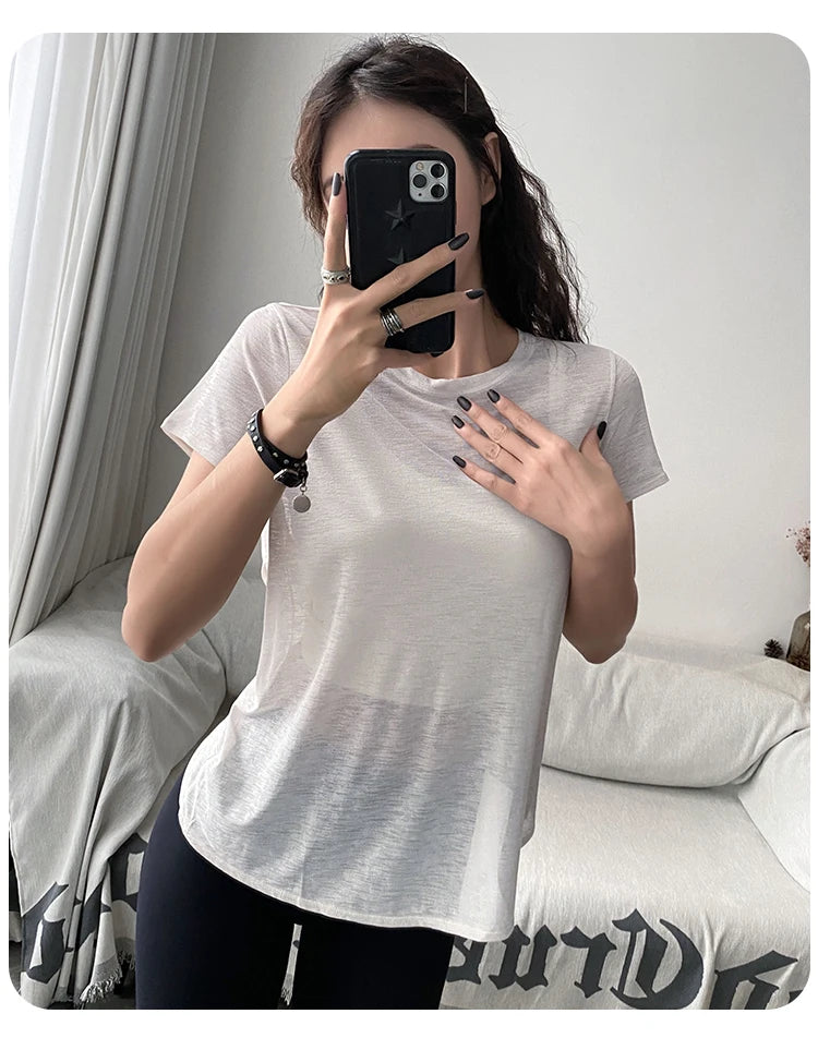 Bamboo Yarn Breathable Short-sleeved Sports Top Hollow Cross-beautiful Back Yoga Clothes Blouse Loose Round Neck Fitness Clothes