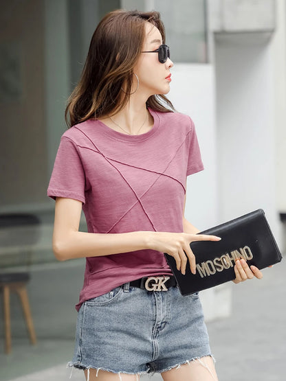Fashion Spring Summer Slim Bamboo Cotton T-Shirts Women O-Neck Short Sleeve Korean Ribbed T Shirt Female Casual Solid Tops