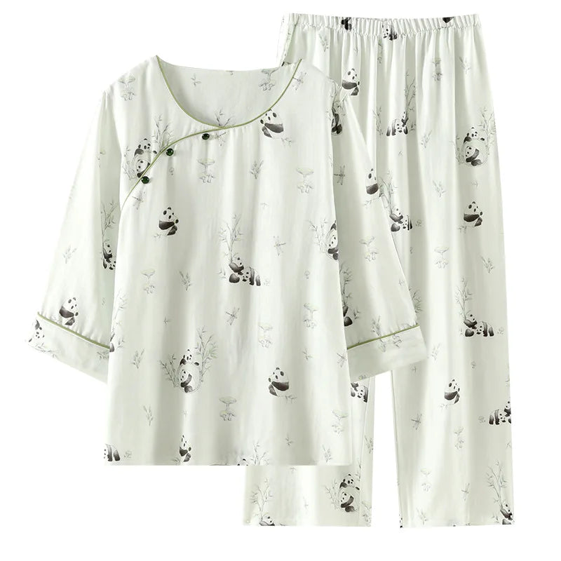 2025 Bamboo Cotton Gauze Pajamas Women's Chinese Retro Style Round Neck Loungewear Thin Nine-quarter Sleeve Loose Home Clothes