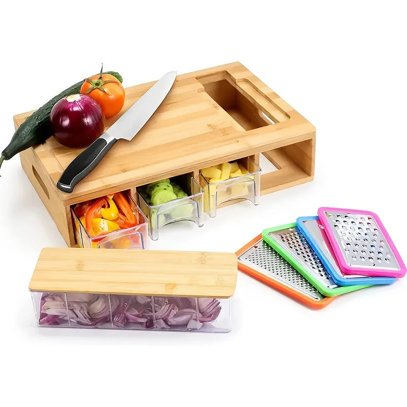Kitchen Chopping Bamboo Cutting Board Set with Container & Vegetable Grater Drawer Style Multifunctional Household Kitchen Tools