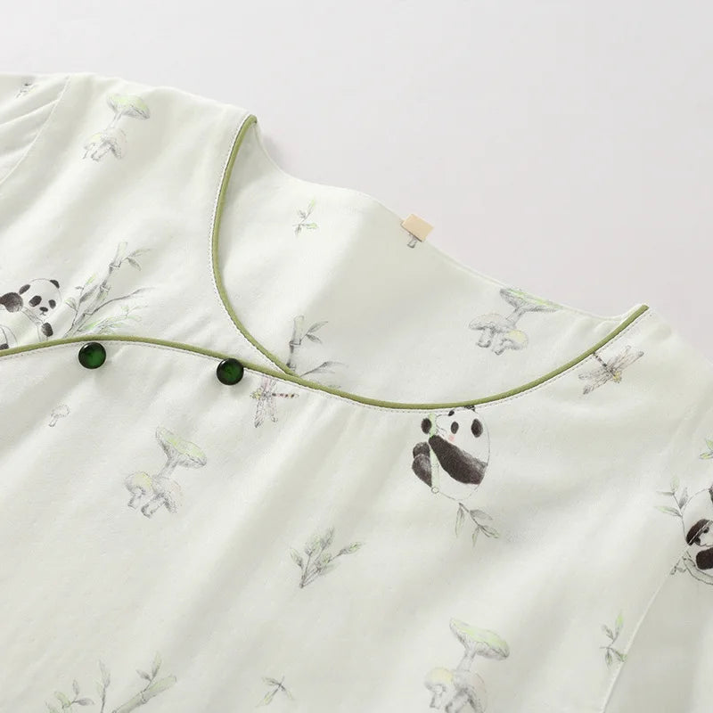 2025 Bamboo Cotton Gauze Pajamas Women's Chinese Retro Style Round Neck Loungewear Thin Nine-quarter Sleeve Loose Home Clothes
