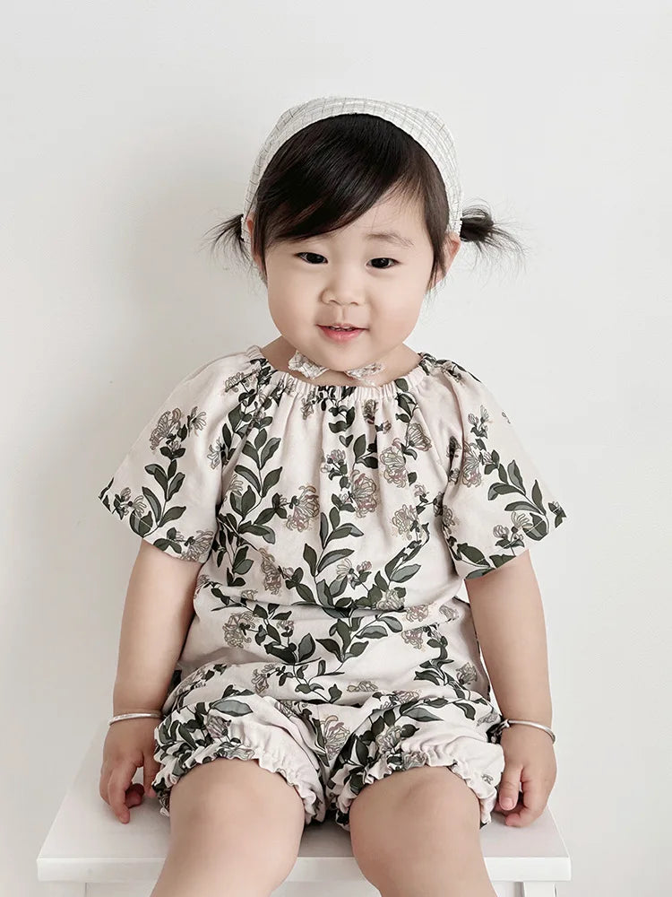 Summer Bamboo Cotton Breathable Kids Girls 2pcs Suit Full Print Cartoon Print T-shirt and Shorts Cool Girls Sets Clothing