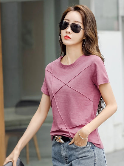 Fashion Spring Summer Slim Bamboo Cotton T-Shirts Women O-Neck Short Sleeve Korean Ribbed T Shirt Female Casual Solid Tops