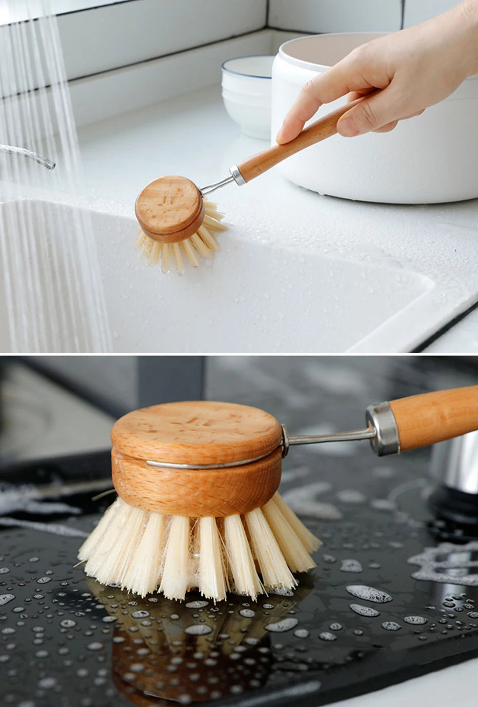 Bamboo Kitchen Cleaning Brush Natural Dishes Pots Pans Sink Washing Brush Eco-friendly Clean Scrubber with Draining Storage Tray