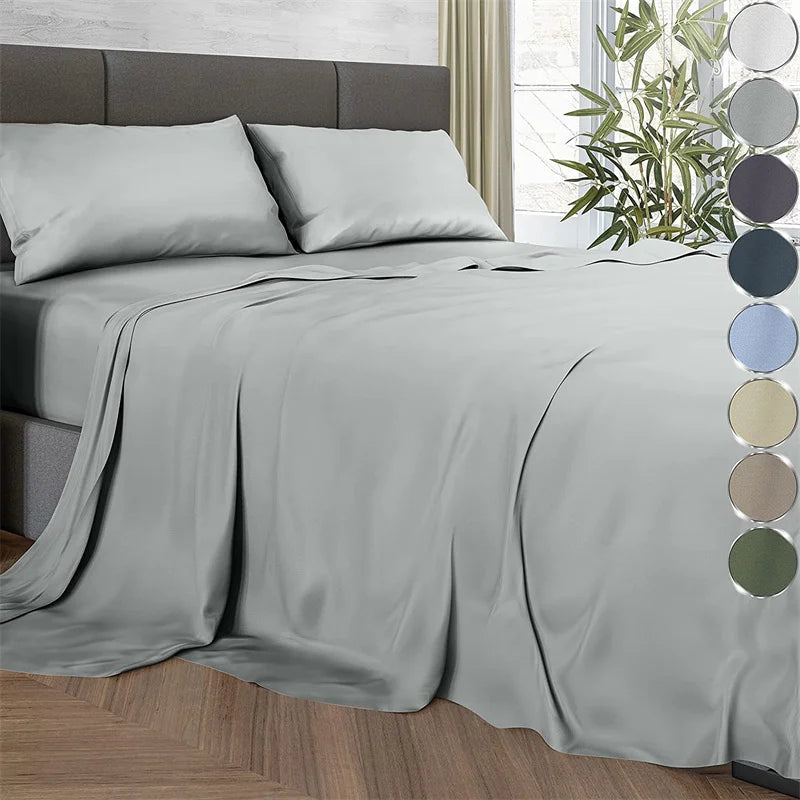 Luxury 100% Bamboo Bed Sheet Set with Fitted Sheets Flat Bedsheet Pillowcase Double Queen King Size Bedding Sets Smooth Silky