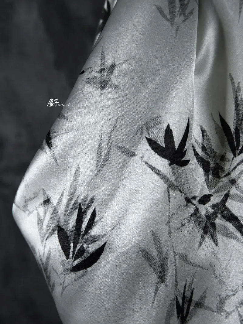 Bamboo Leaf Acetate Silk Printed Fabric New Chinese Fashion High Quality Vertical Womens Dresses Hanfu Pants DIY Design Cloth