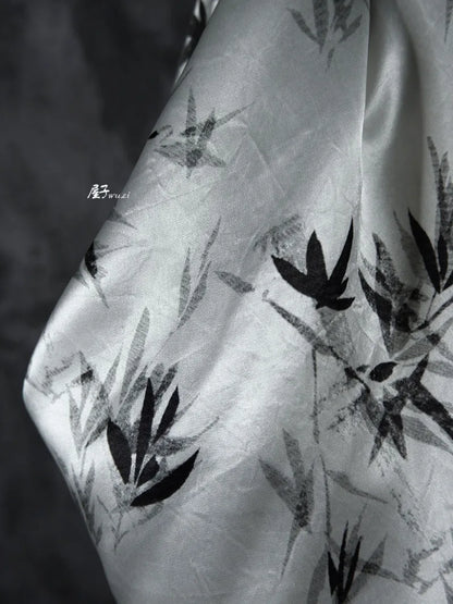Bamboo Leaf Acetate Silk Printed Fabric New Chinese Fashion High Quality Vertical Womens Dresses Hanfu Pants DIY Design Cloth