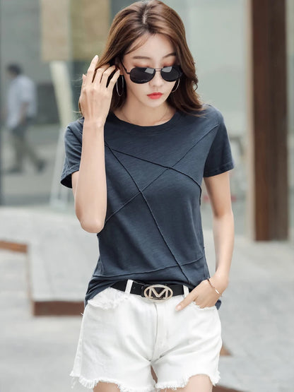Fashion Spring Summer Slim Bamboo Cotton T-Shirts Women O-Neck Short Sleeve Korean Ribbed T Shirt Female Casual Solid Tops