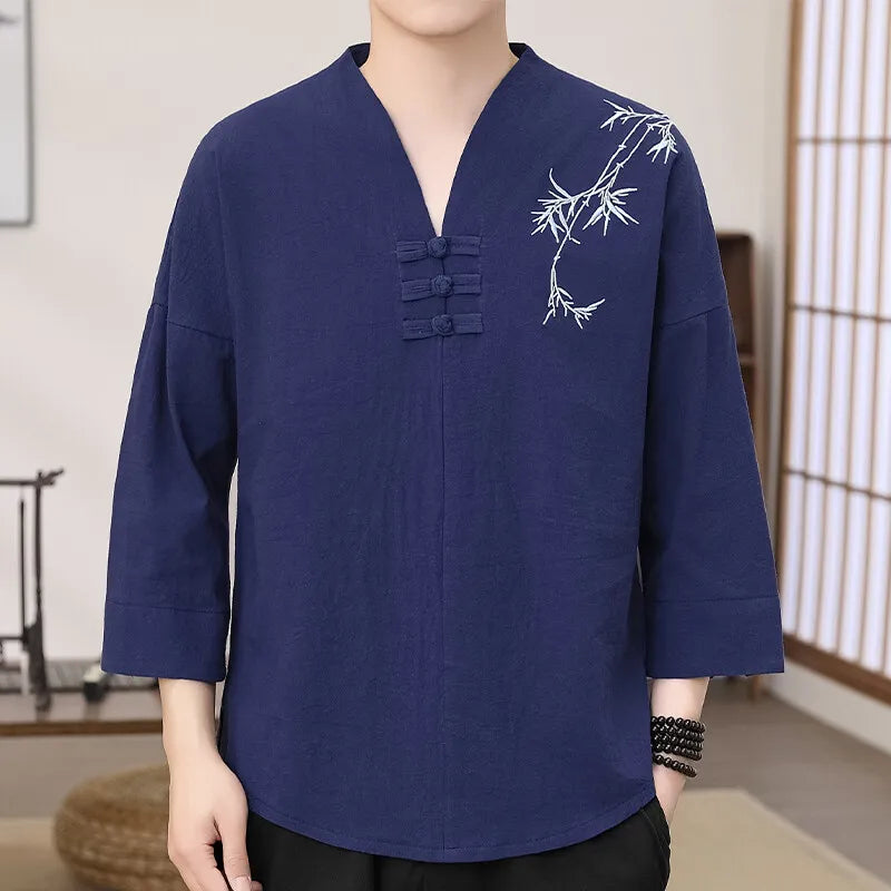 Men's Stylish Loose-Fit Bamboo Leaf Embroidered Zen Robe Traditional Chinese Kung Fu Meditation Breathable Elegant Clothing