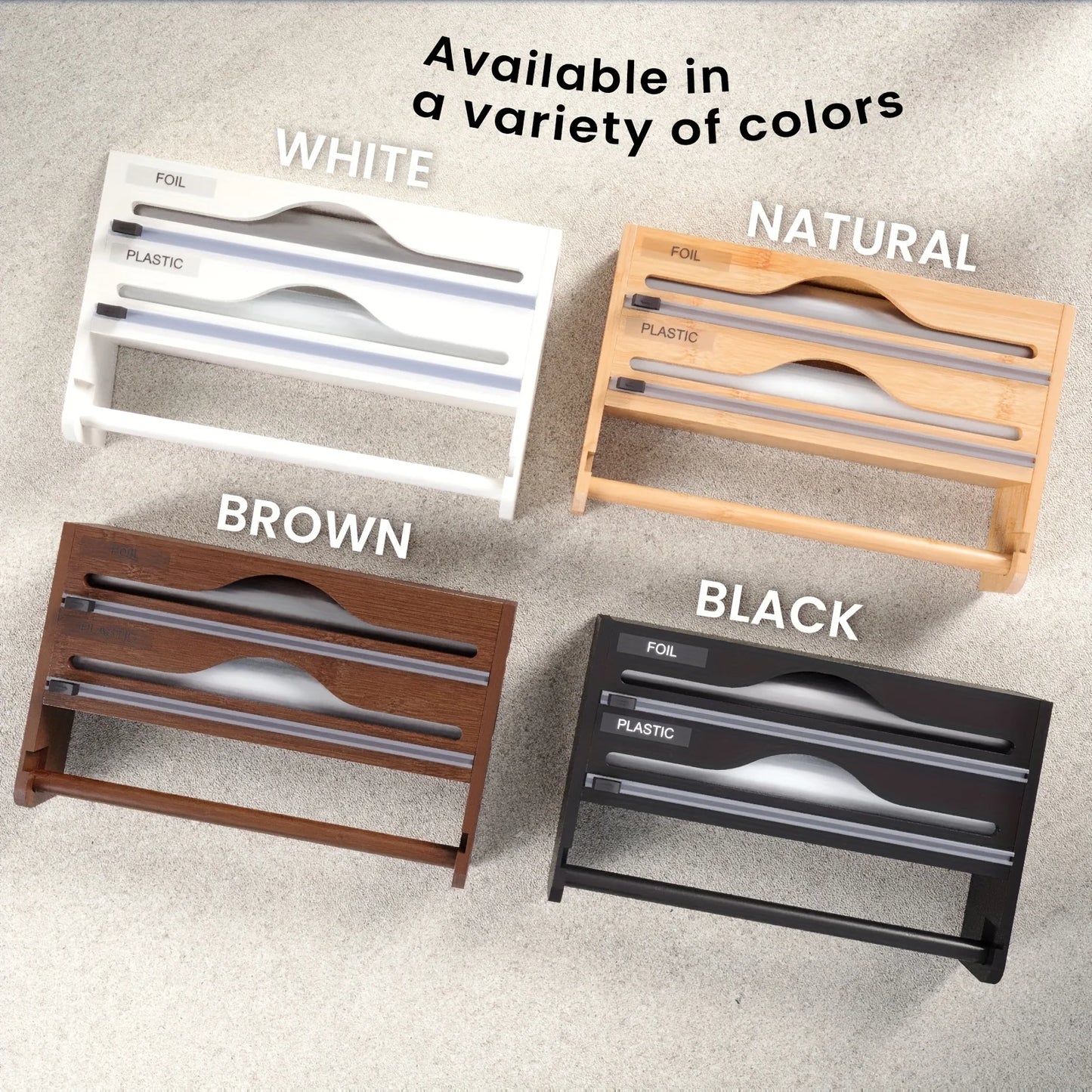 Bamboo 4-in-1 Wall Mount Foil & Plastic Wrap Organizer with Cutter - Kitchen Storage Solution for Wax Paper.