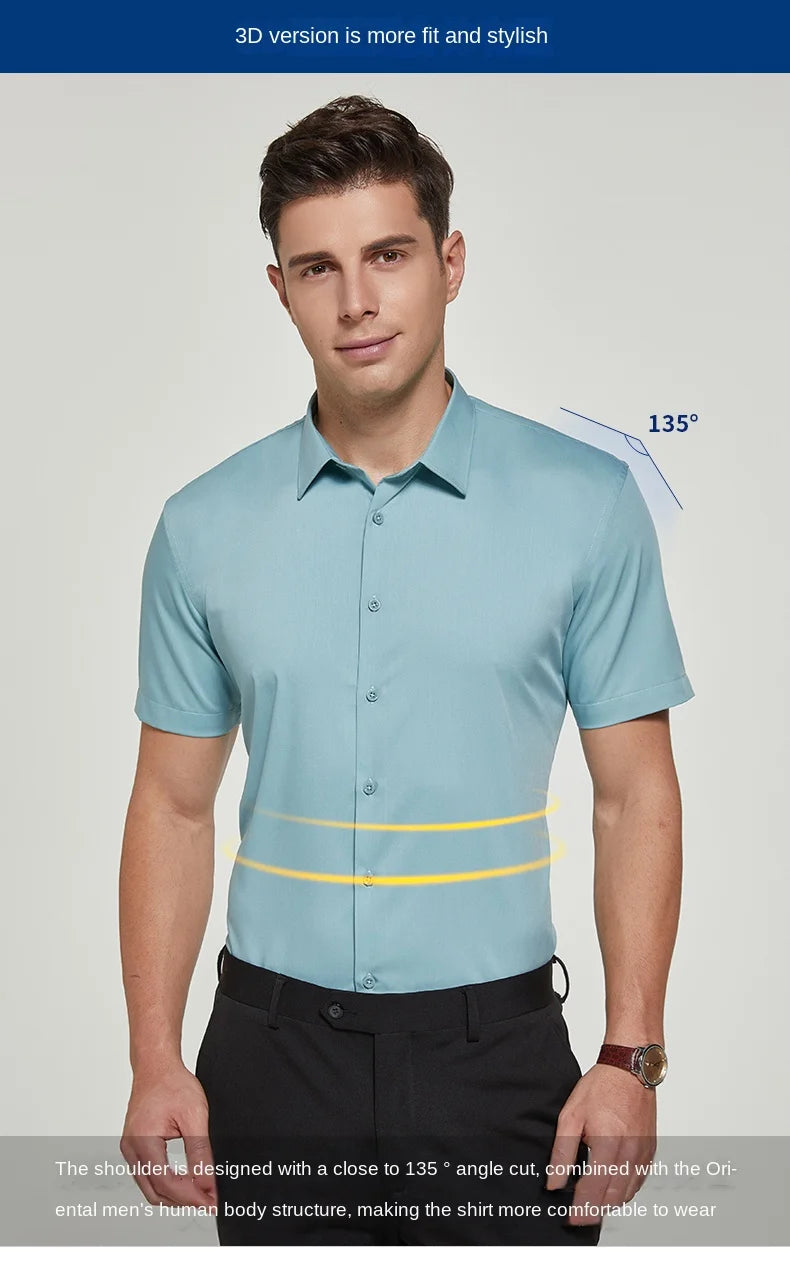 Bamboo Fiber Men Short Stretch Solid Dress Shirts Regular Fit Formal Business Social Camisas Short Sleeve Bamboo Fiber