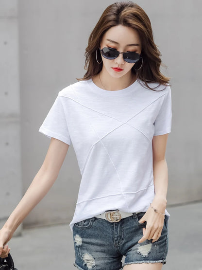 Fashion Spring Summer Slim Bamboo Cotton T-Shirts Women O-Neck Short Sleeve Korean Ribbed T Shirt Female Casual Solid Tops