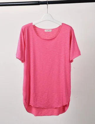 Women Bamboo  T-shirt Round Neck Solid Color Summer Tshirt Girl Cooling Short-sleeved Floral Casual Ouc365a