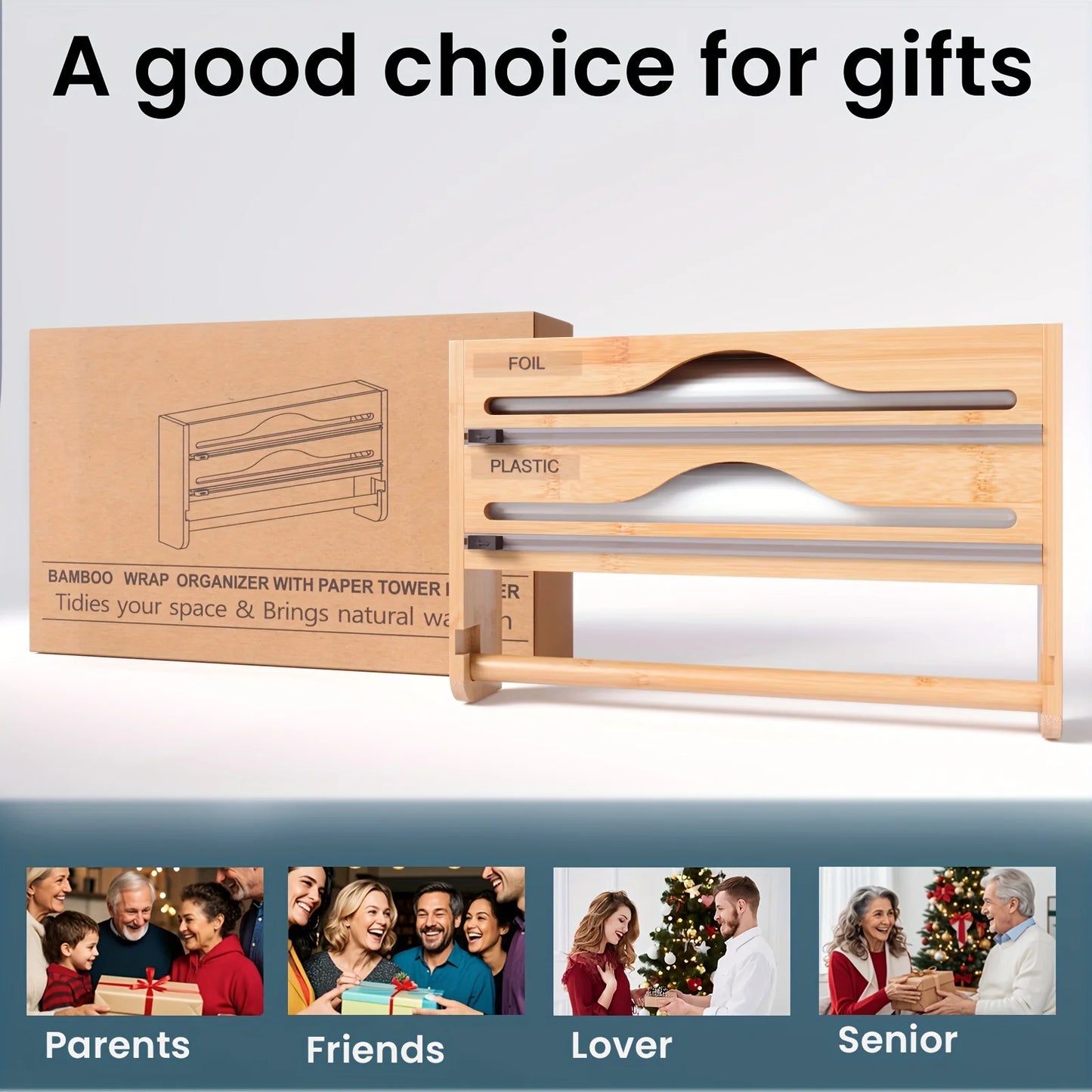 Bamboo 4-in-1 Wall Mount Foil & Plastic Wrap Organizer with Cutter - Kitchen Storage Solution for Wax Paper.