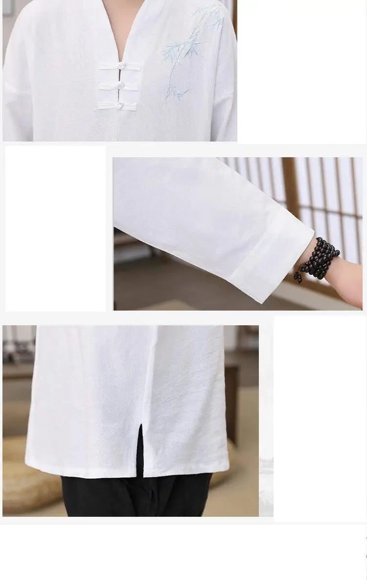 Men's Stylish Loose-Fit Bamboo Leaf Embroidered Zen Robe Traditional Chinese Kung Fu Meditation Breathable Elegant Clothing