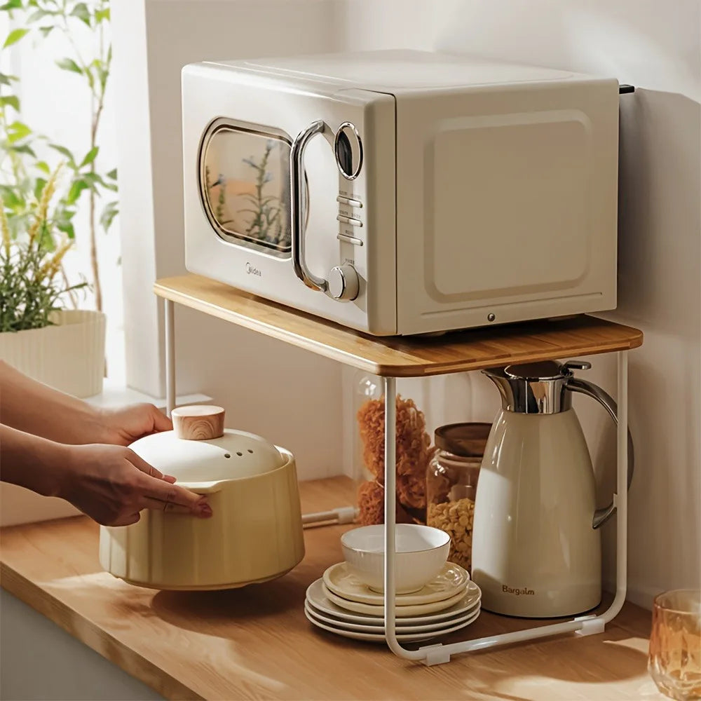 Bamboo Microwave Storage Rack Adjustable Kitchen Table Oven Cooker Organizer Shelf 1 Layer Household Desk Spice Condiment Holder