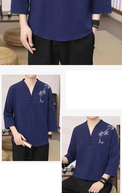 Men's Stylish Loose-Fit Bamboo Leaf Embroidered Zen Robe Traditional Chinese Kung Fu Meditation Breathable Elegant Clothing