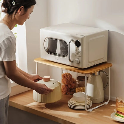 Bamboo Microwave Storage Rack Adjustable Kitchen Table Oven Cooker Organizer Shelf 1 Layer Household Desk Spice Condiment Holder