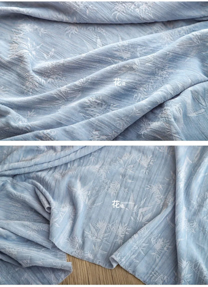 Blue bamboo forest, velvet embossed polyester jacquard cloth, pleated relief Chinese style cheongsam clothing designer fabric