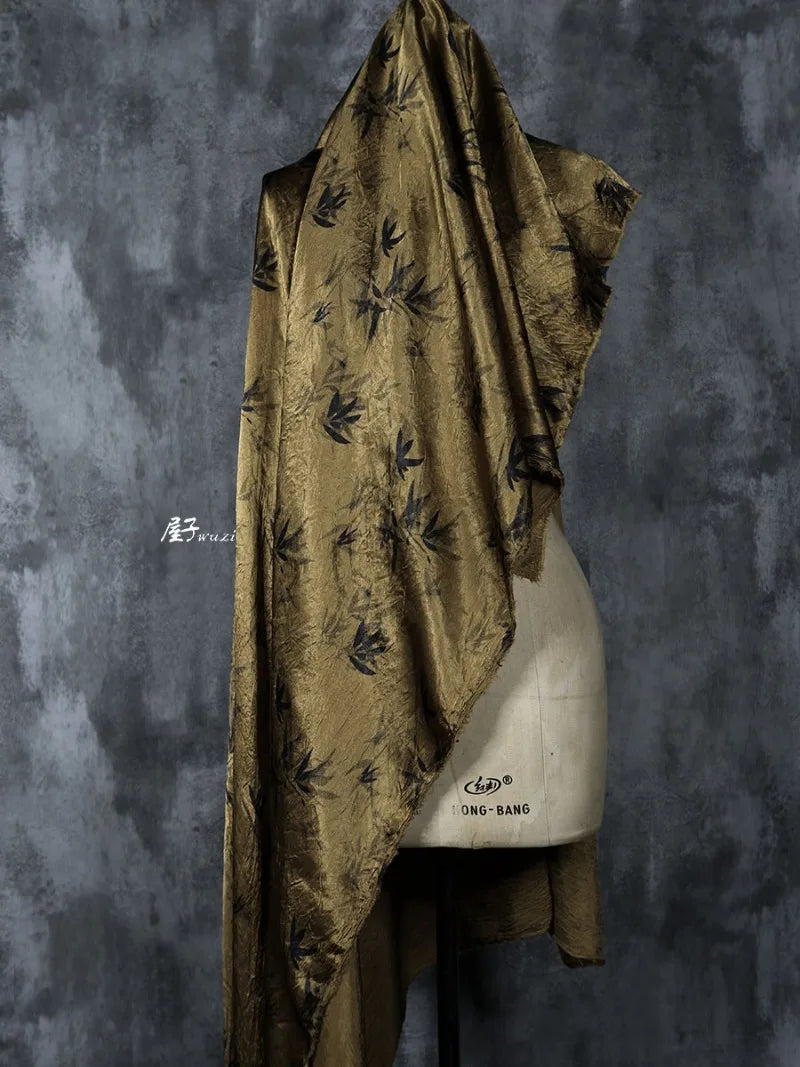 Bamboo Leaf Acetate Silk Printed Fabric New Chinese Fashion High Quality Vertical Womens Dresses Hanfu Pants DIY Design Cloth