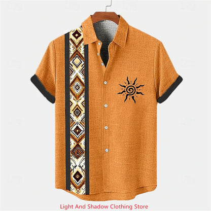 Men's ethnic clothing printed short sleeved shirt fashionable Hawaiian vacation party shirt bamboo hemp men's fashionable shirt