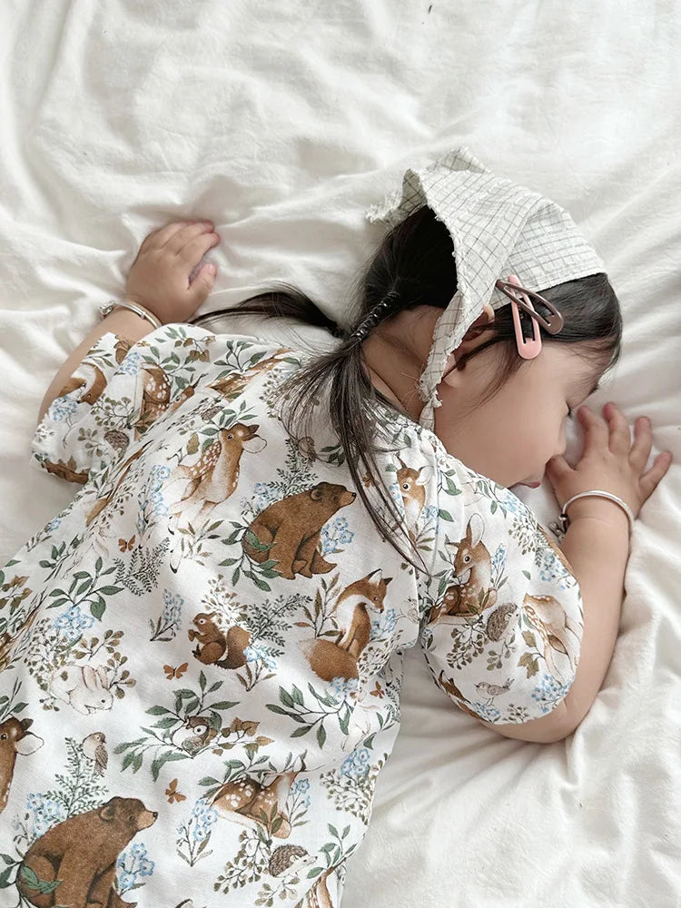 Summer Bamboo Cotton Breathable Kids Girls 2pcs Suit Full Print Cartoon Print T-shirt and Shorts Cool Girls Sets Clothing