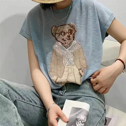 Bamboo Cotton Thin Loose and Versatile Short-sleeved Women 2024 New T-shirt Popular Summer Style Top