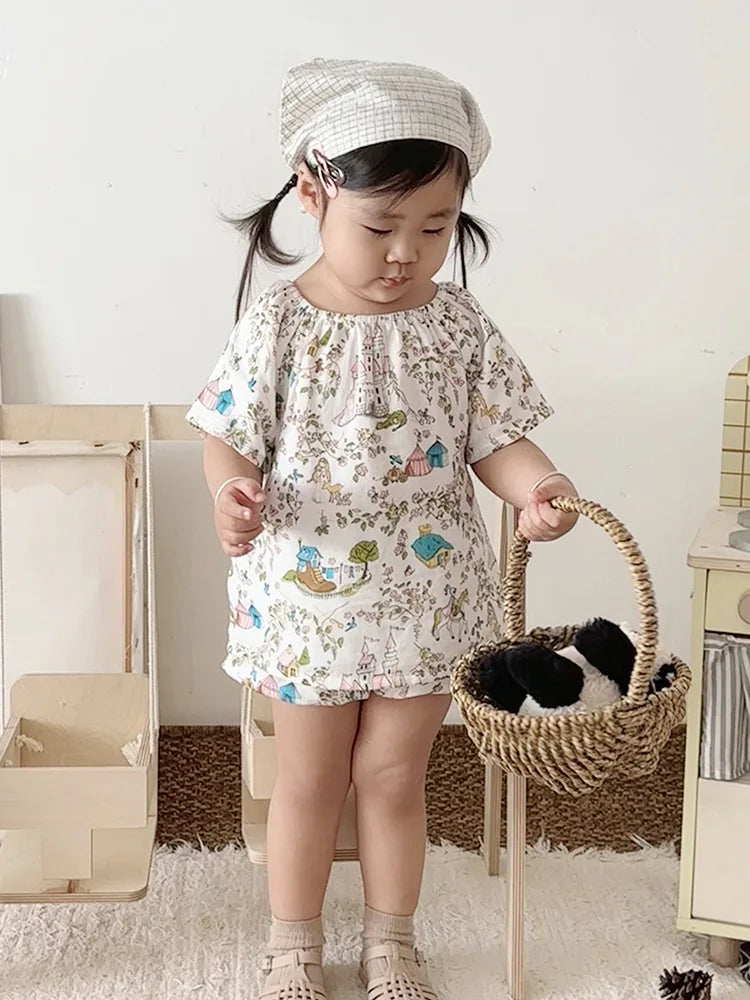 Summer Bamboo Cotton Breathable Kids Girls 2pcs Suit Full Print Cartoon Print T-shirt and Shorts Cool Girls Sets Clothing