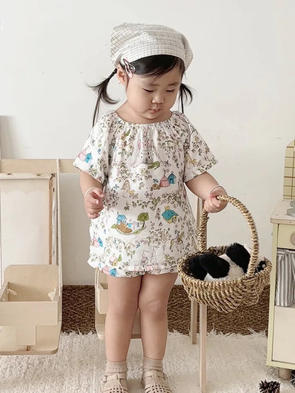 Summer Bamboo Cotton Breathable Kids Girls 2pcs Suit Full Print Cartoon Print T-shirt and Shorts Cool Girls Sets Clothing