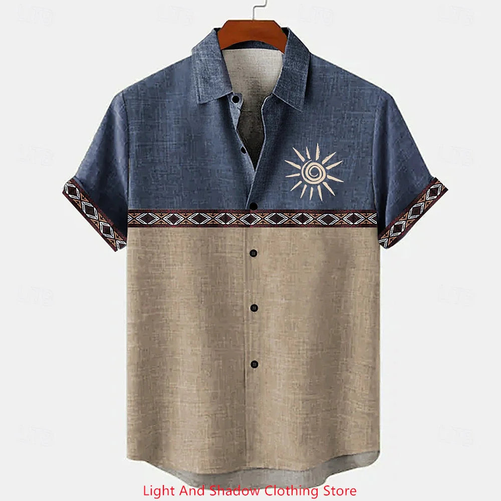 Men's ethnic clothing printed short sleeved shirt fashionable Hawaiian vacation party shirt bamboo hemp men's fashionable shirt