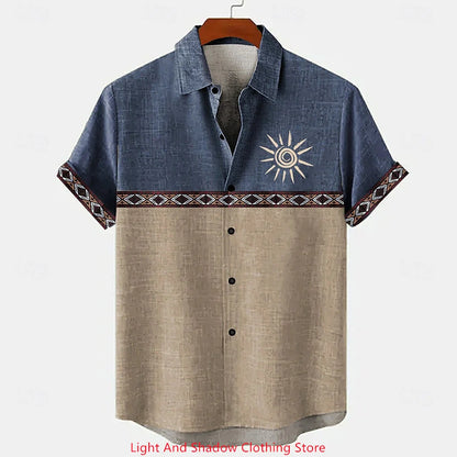 Men's ethnic clothing printed short sleeved shirt fashionable Hawaiian vacation party shirt bamboo hemp men's fashionable shirt