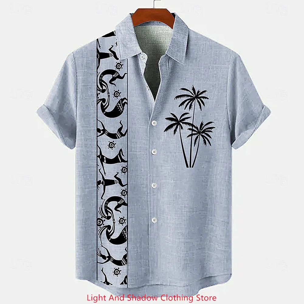 Men's ethnic clothing printed short sleeved shirt fashionable Hawaiian vacation party shirt bamboo hemp men's fashionable shirt
