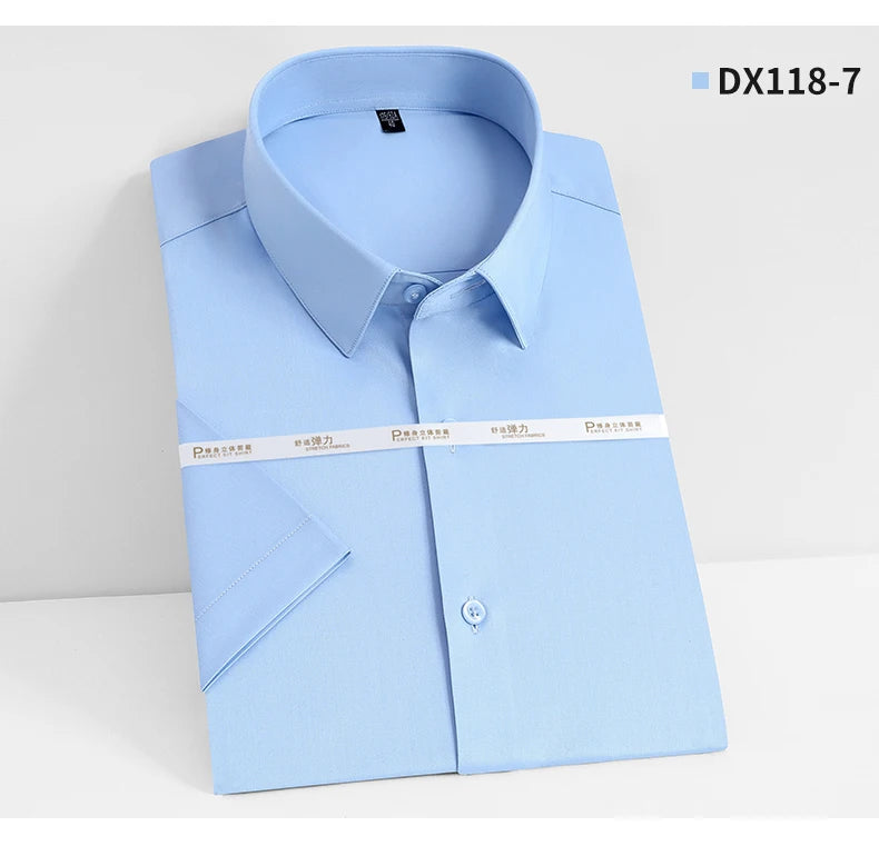 Bamboo Fiber Men Short Stretch Solid Dress Shirts Regular Fit Formal Business Social Camisas Short Sleeve Bamboo Fiber