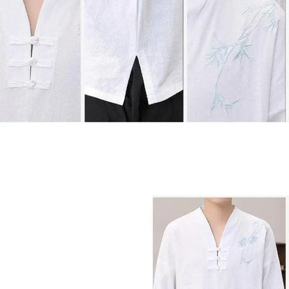 Men's Stylish Loose-Fit Bamboo Leaf Embroidered Zen Robe Traditional Chinese Kung Fu Meditation Breathable Elegant Clothing