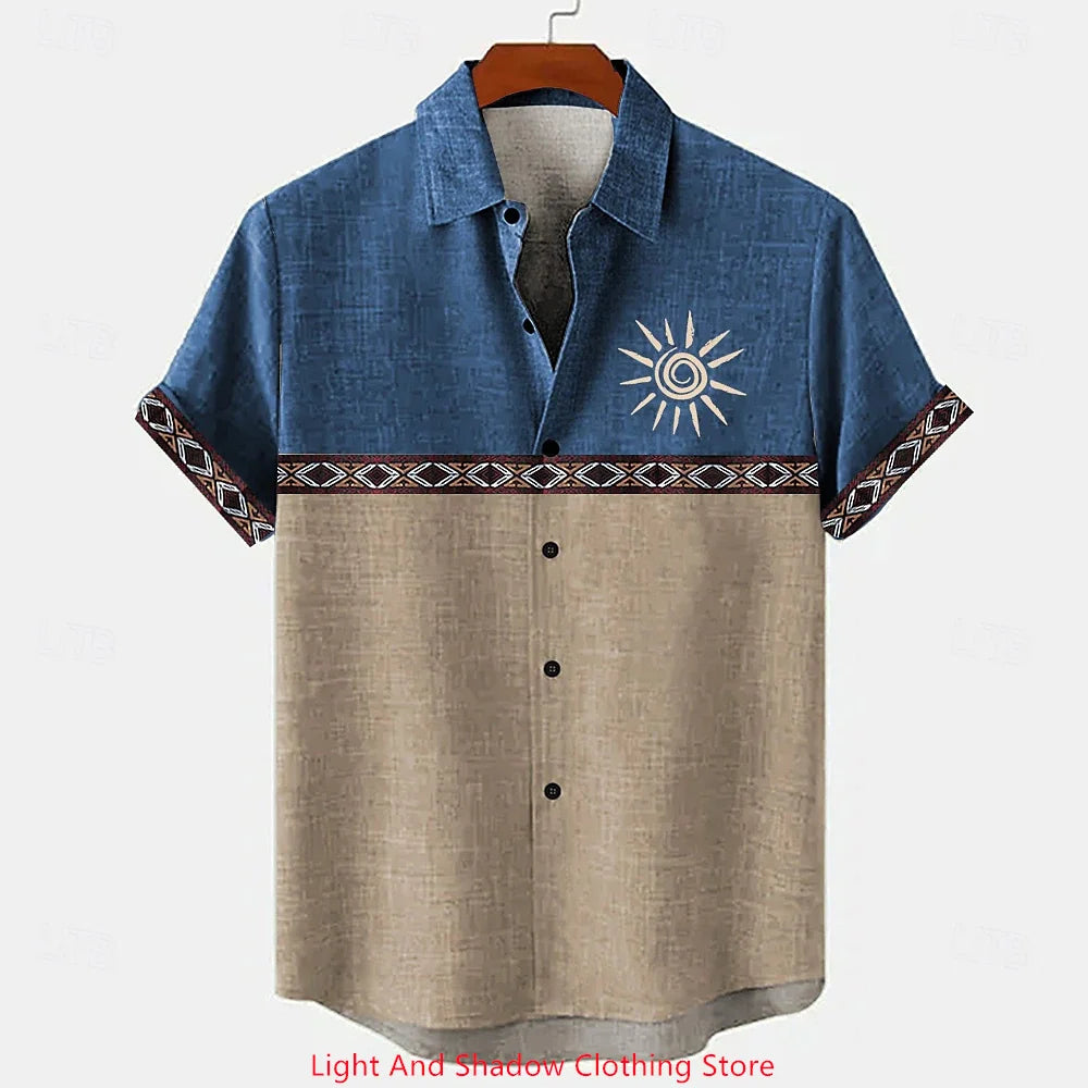 Men's ethnic clothing printed short sleeved shirt fashionable Hawaiian vacation party shirt bamboo hemp men's fashionable shirt