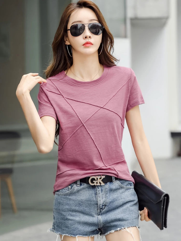 Fashion Spring Summer Slim Bamboo Cotton T-Shirts Women O-Neck Short Sleeve Korean Ribbed T Shirt Female Casual Solid Tops